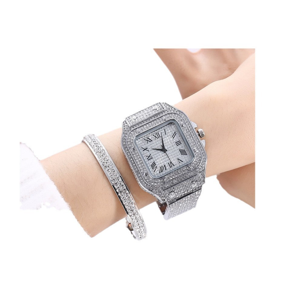 Luxury Square Dial Quartz Watch | Full Diamond Steel Band Casual Fashion Bracelet Watch