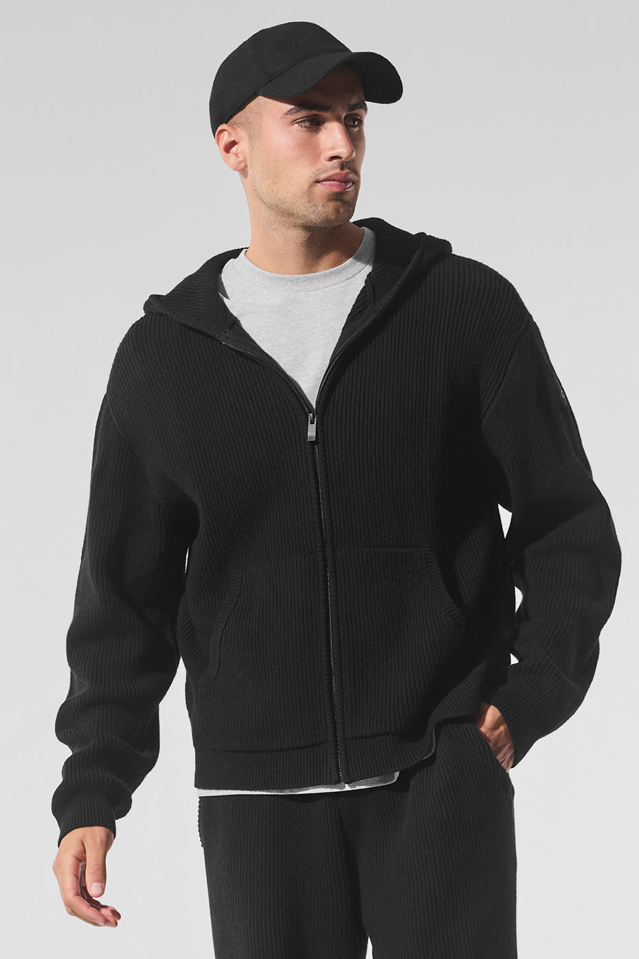 Domain Rib Knit Full Zip Sweater - Black