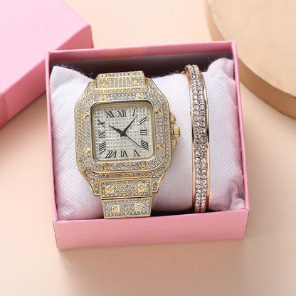 Luxury Square Dial Quartz Watch | Full Diamond Steel Band Casual Fashion Bracelet Watch